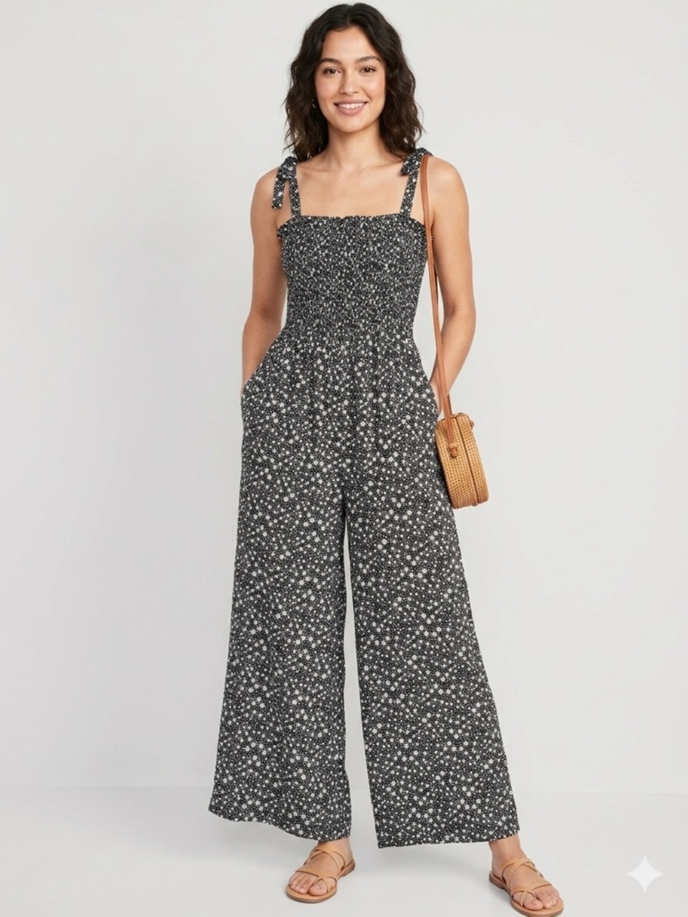 Torrid Black Floral A-line Maxi Jumpsuit Smocked Wide Leg Pockets Size 1
